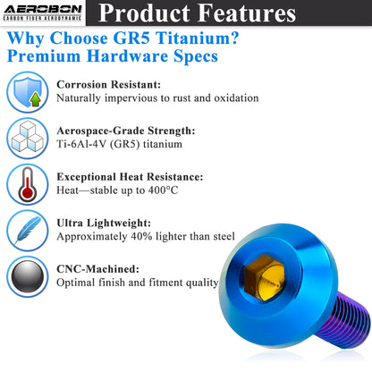 AeroBon GR5 Titanium Steering Wheel Bolt Kit - M5x16mm, 12mm Wide Button Head, M5x0.8, 6 Bolts (Burnt Blue)