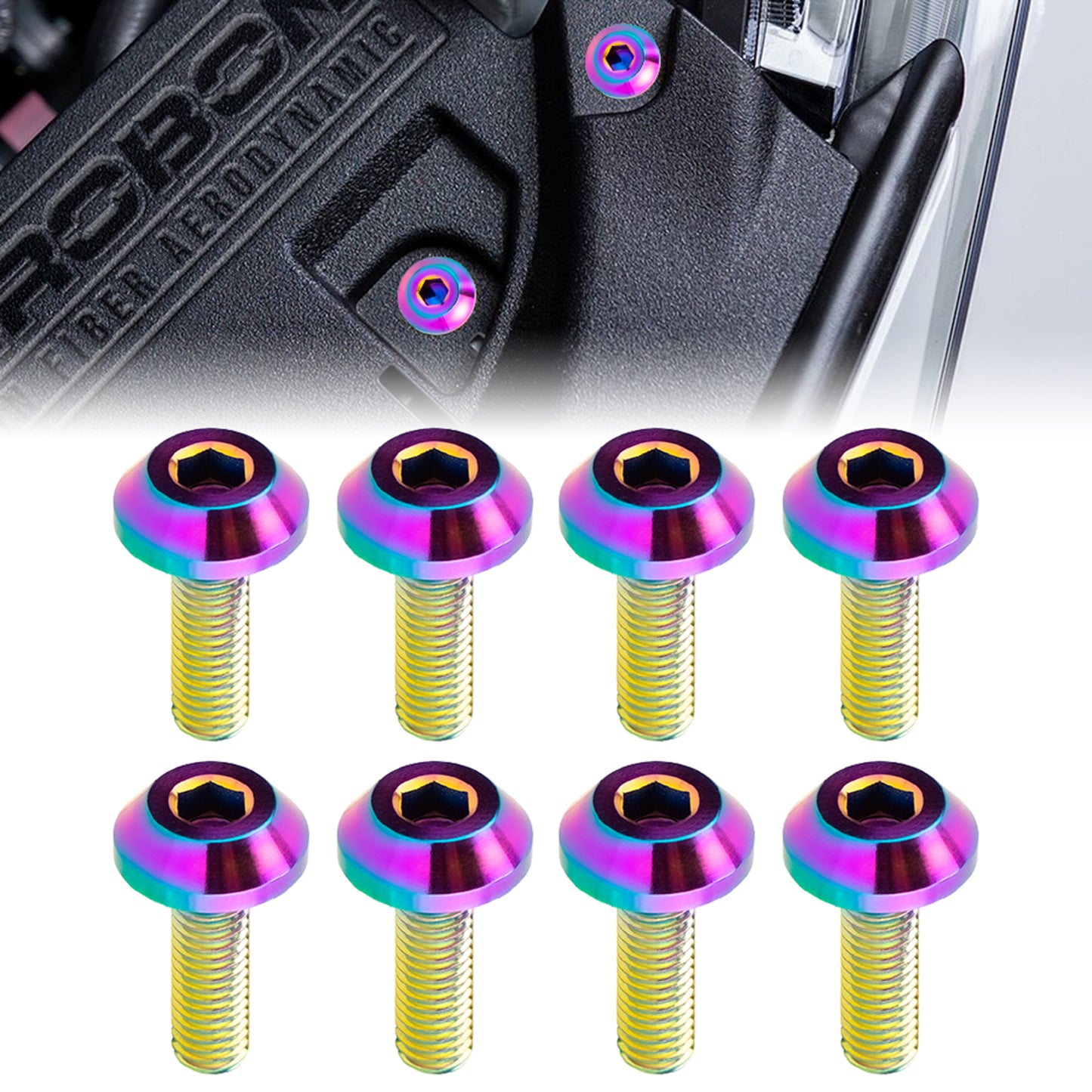 AeroBon GR5 Titanium Bolt Kit M6x20mm (16mm Head OD) for Engine Bay Exterior Trim Body Panels Dress-Up Hardware, M6x1.0, 8 Bolts (Rainbow)