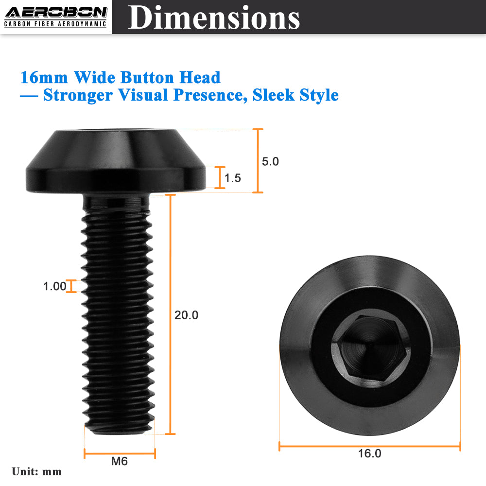 AeroBon GR5 Titanium Bolt Kit M6x20mm (16mm Head OD) for Engine Bay Exterior Trim Body Panels Dress-Up Hardware, M6x1.0, 8 Bolts (Black)