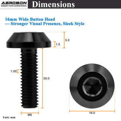 AeroBon GR5 Titanium Bolt Kit M6x20mm (16mm Head OD) for Engine Bay Exterior Trim Body Panels Dress-Up Hardware, M6x1.0, 8 Bolts (Black)