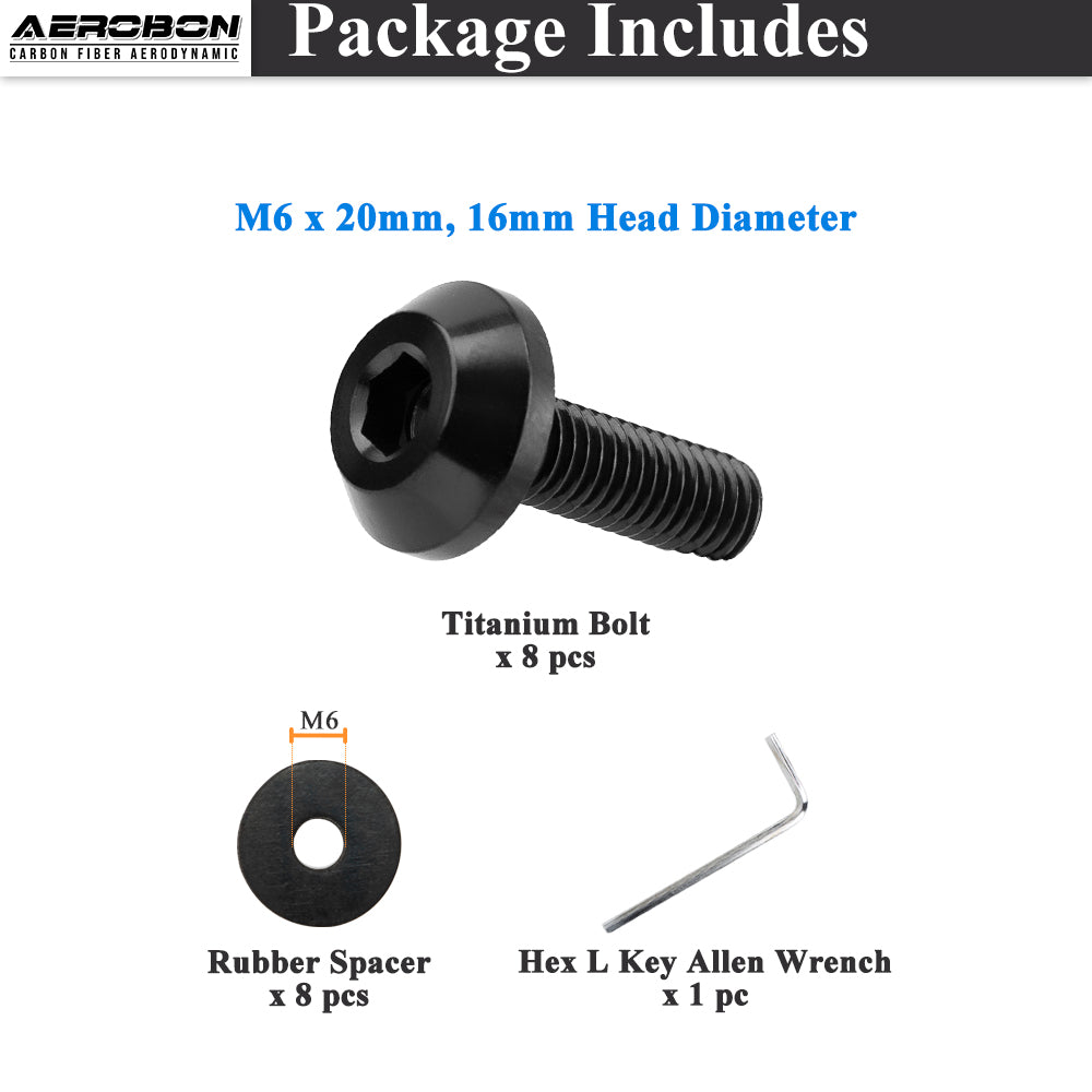 AeroBon GR5 Titanium Bolt Kit M6x20mm (16mm Head OD) for Engine Bay Exterior Trim Body Panels Dress-Up Hardware, M6x1.0, 8 Bolts (Black)