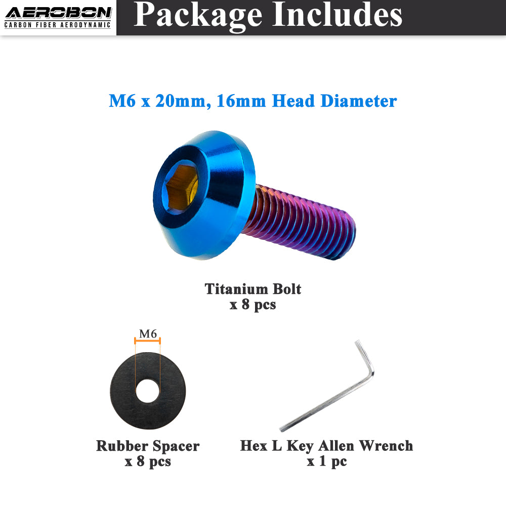 AeroBon GR5 Titanium Bolt Kit M6x20mm (16mm Head OD) for Engine Bay Exterior Trim Body Panels Dress-Up Hardware, M6x1.0, 8 Bolts (Burnt Blue)