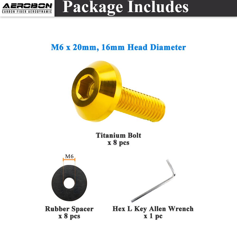 AeroBon GR5 Titanium Bolt Kit M6x20mm (16mm Head OD) for Engine Bay Exterior Trim Body Panels Dress-Up Hardware, M6x1.0, 8 Bolts (Gold)