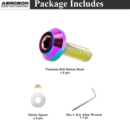 AeroBon GR5 Titanium Steering Wheel Bolt Kit - M5x16mm, 12mm Wide Button Head, M5x0.8, 6 Bolts (Rainbow)