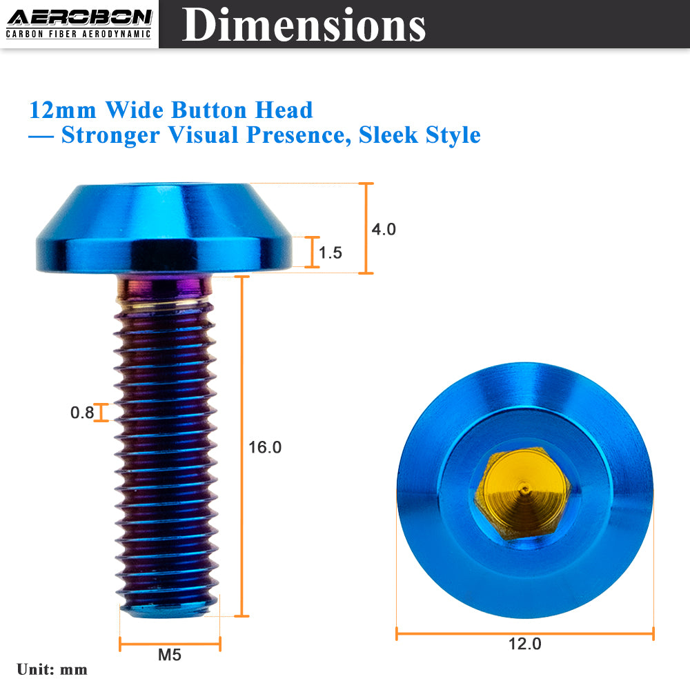 AeroBon GR5 Titanium Steering Wheel Bolt Kit - M5x16mm, 12mm Wide Button Head, M5x0.8, 6 Bolts (Burnt Blue)