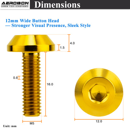AeroBon GR5 Titanium Steering Wheel Bolt Kit - M5x16mm, 12mm Wide Button Head, M5x0.8, 6 Bolts (Gold)