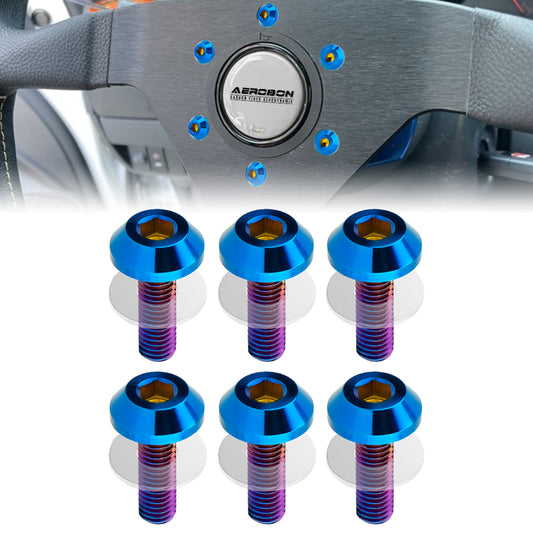 AeroBon GR5 Titanium Steering Wheel Bolt Kit - M5x16mm, 12mm Wide Button Head, M5x0.8, 6 Bolts (Burnt Blue)