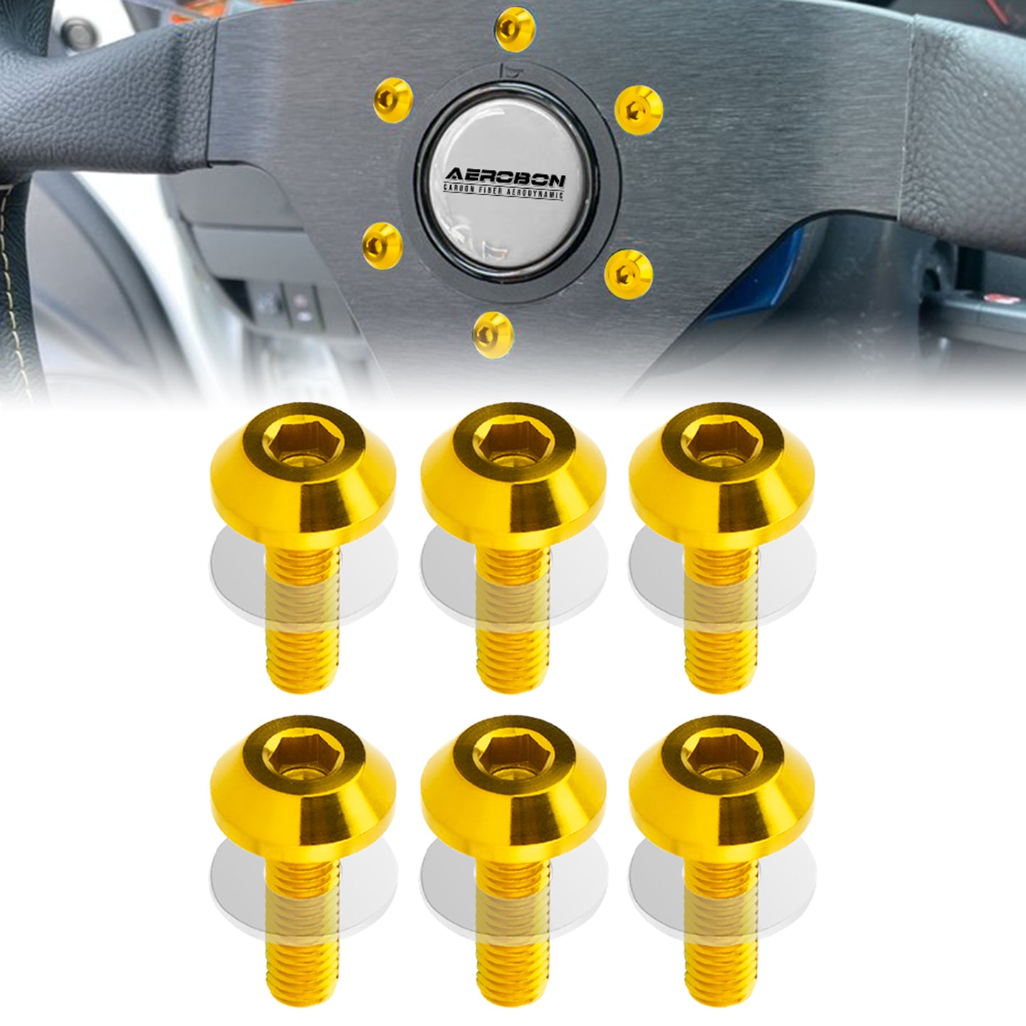 AeroBon GR5 Titanium Steering Wheel Bolt Kit - M5x16mm, 12mm Wide Button Head, M5x0.8, 6 Bolts (Gold)