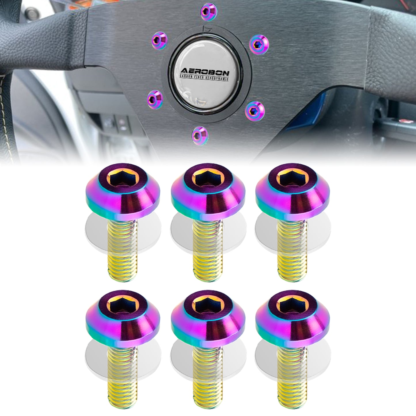 AeroBon GR5 Titanium Steering Wheel Bolt Kit - M5x16mm, 12mm Wide Button Head, M5x0.8, 6 Bolts (Rainbow)
