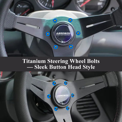 AeroBon GR5 Titanium Steering Wheel Bolt Kit - M5x16mm, 12mm Wide Button Head, M5x0.8, 6 Bolts (Burnt Blue)