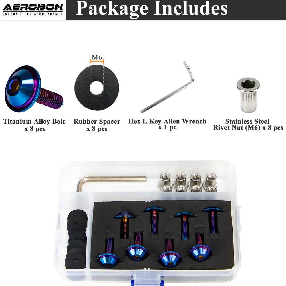 AeroBon GR5 Titanium Bolt Kit M6x20mm 18mm Head Burnt Blue - package contents & tape kit