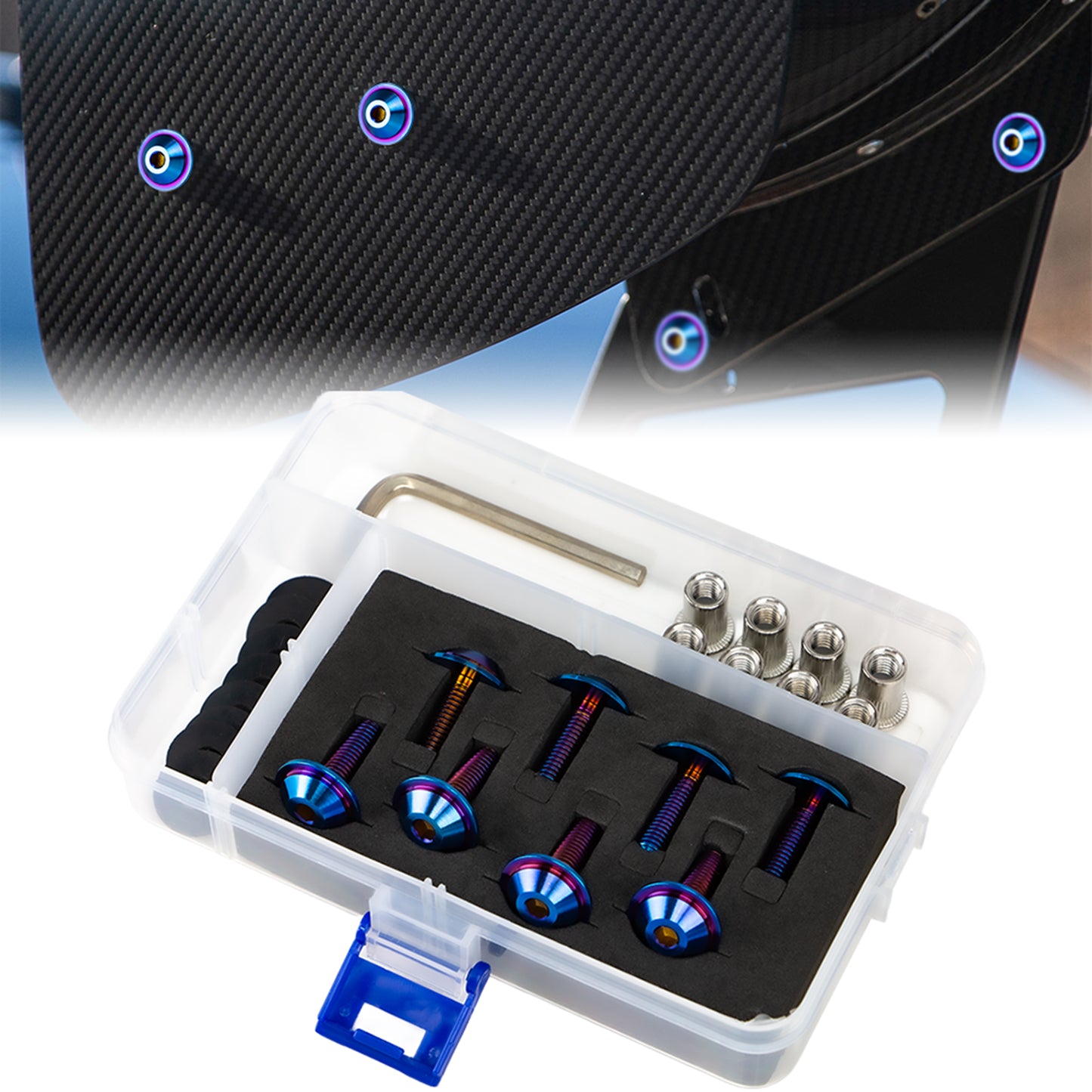 AeroBon GR5 Titanium Bolt Kit M6x20mm 18mm Head Burnt Blue - installed on vehicle