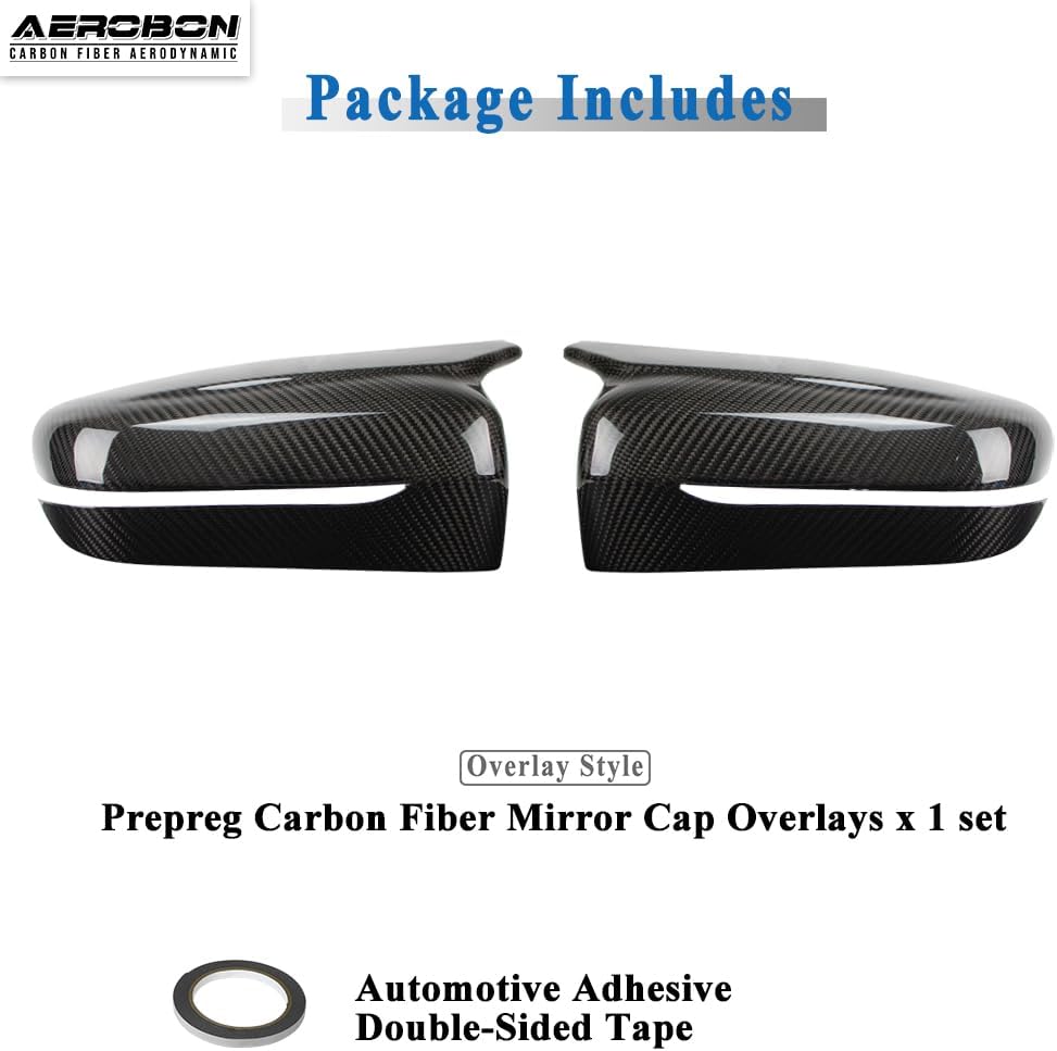 Carbon fiber mirror cap overlays with adhesive tape on a white background, featuring Aerobon branding.