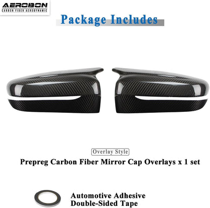 Carbon fiber mirror cap overlays with adhesive tape on a white background, featuring Aerobon branding.