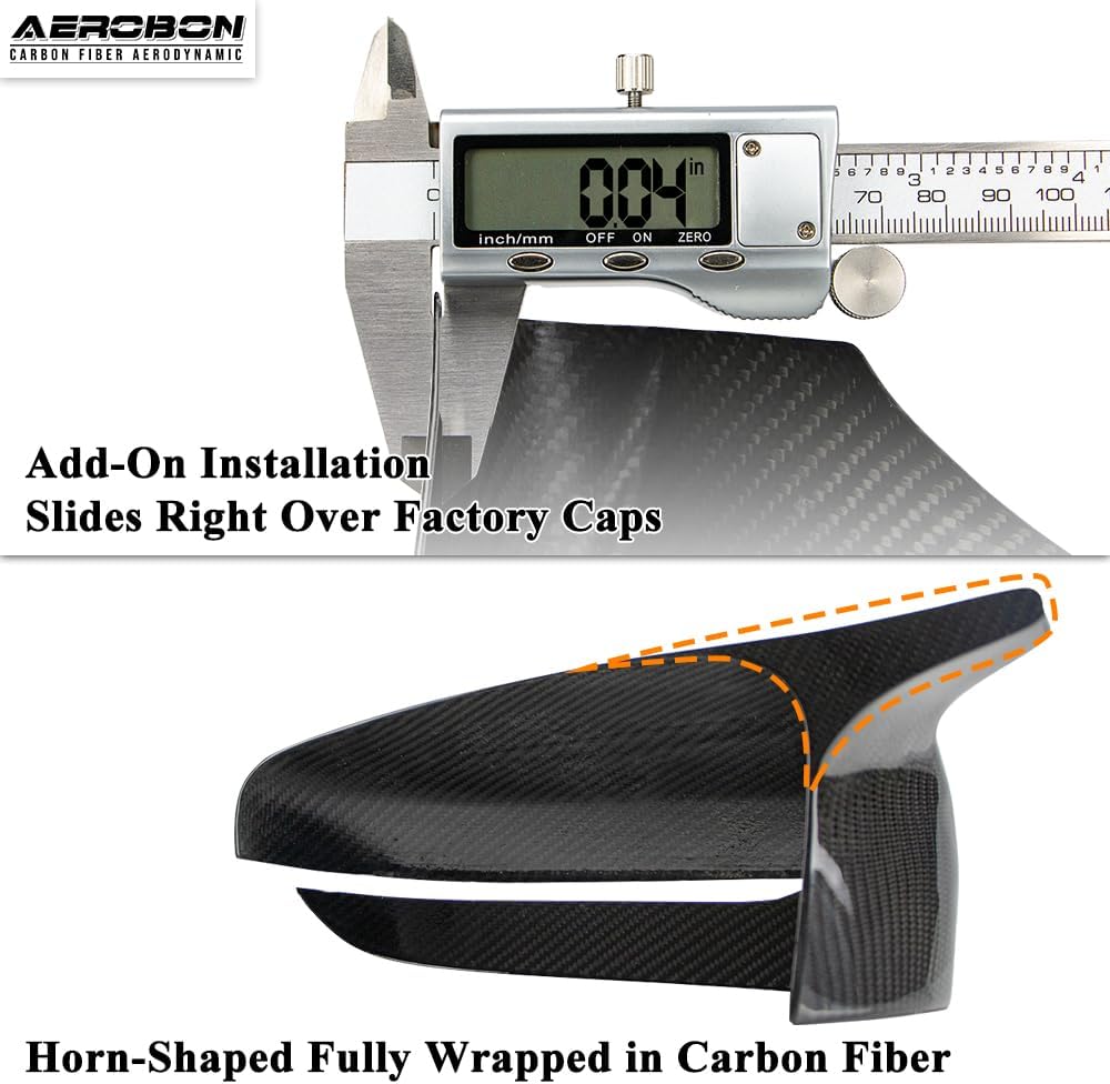 Carbon fiber material with a digital caliper and text about add-on installation and carbon fiber wrapping.