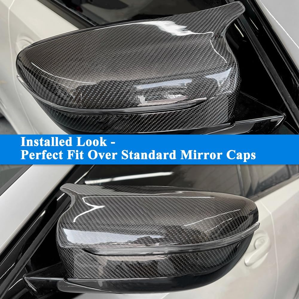 Carbon fiber car mirror cover with text indicating perfect fit over standard mirror caps.