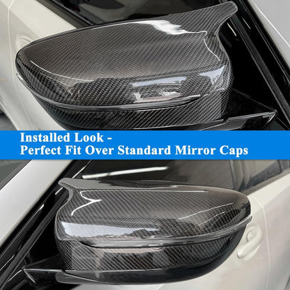 Carbon fiber car mirror cover with text indicating perfect fit over standard mirror caps.