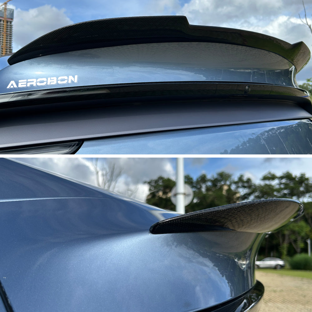 AeroBon Real Carbon Fiber Trunk Spoiler Compatible with 2025 2026 Tesla Model Y Juniper Rear Spoiler (SB Style) Stealth Blade