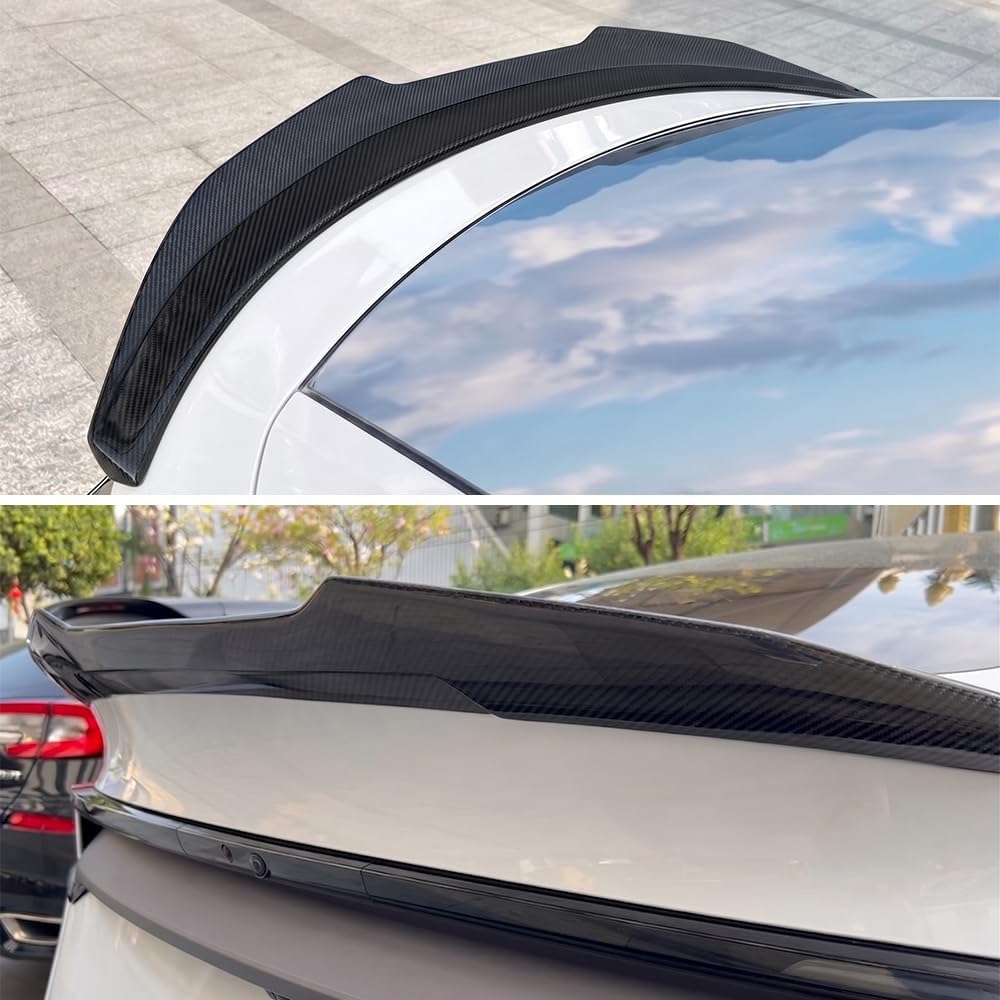 A carbon fiber rear trunk spoiler shown installed on the trunk of a white car, with a close-up top view in the upper panel and a wider outdoor lower panel showing the spoiler in use on a parked car.