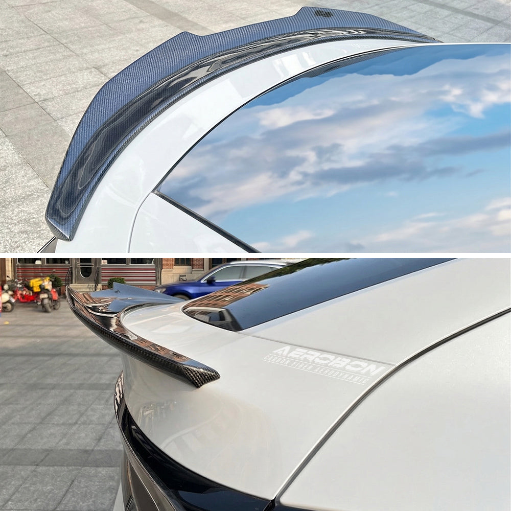 AeroBon Real Carbon Fiber Trunk Spoiler Compatible with 2025 2026 Tesla Model Y Juniper Rear Spoiler (H Style) High Kick
