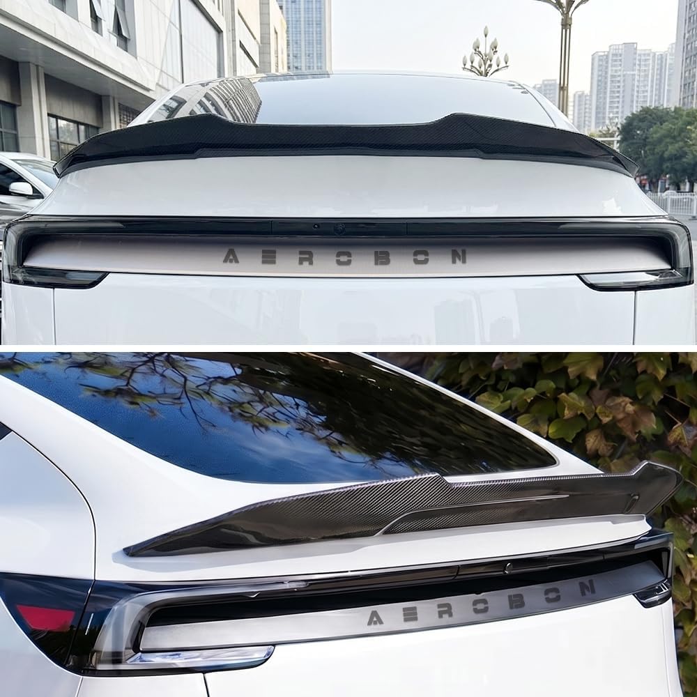 A two-panel image showing a carbon fiber rear trunk spoiler installed on a white SUV. The top panel shows the spoiler folded down, and the bottom panel shows it folded up, with the AERCBON brand name visible on the trunk.