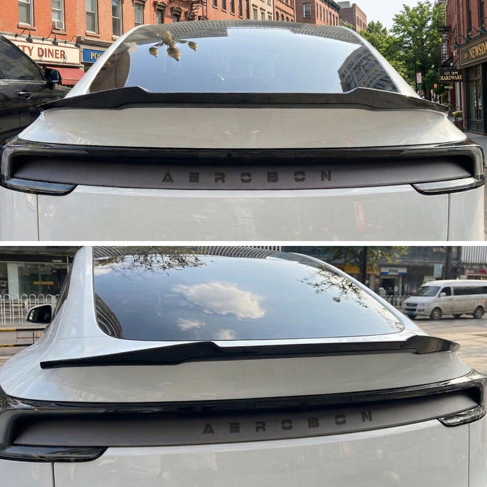 AeroBon Real Carbon Fiber Trunk Spoiler Compatible with 2025 2026 Tesla Model Y Juniper Rear Spoiler (MV Style) Motorsport Version