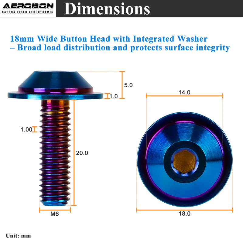AeroBon Titanium Bolt Kit M6 x 20mm GR5 Button Head 18mm Head for Engine Bay Exterior Body Panels and Motorcycle Dress Up (Burnt Blue)