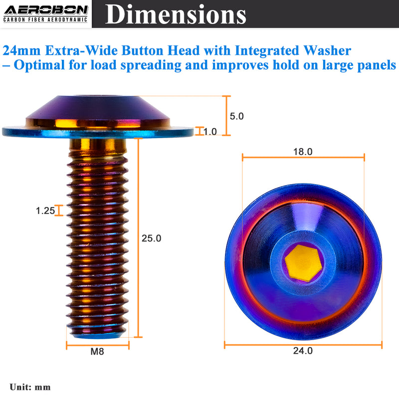 AeroBon Titanium Alloy Bolt Kit M8 x 25mm GR5 Button Head 24mm for Engine Bay Body Panels and Exterior Mounting Dress Up (Burnt Blue)