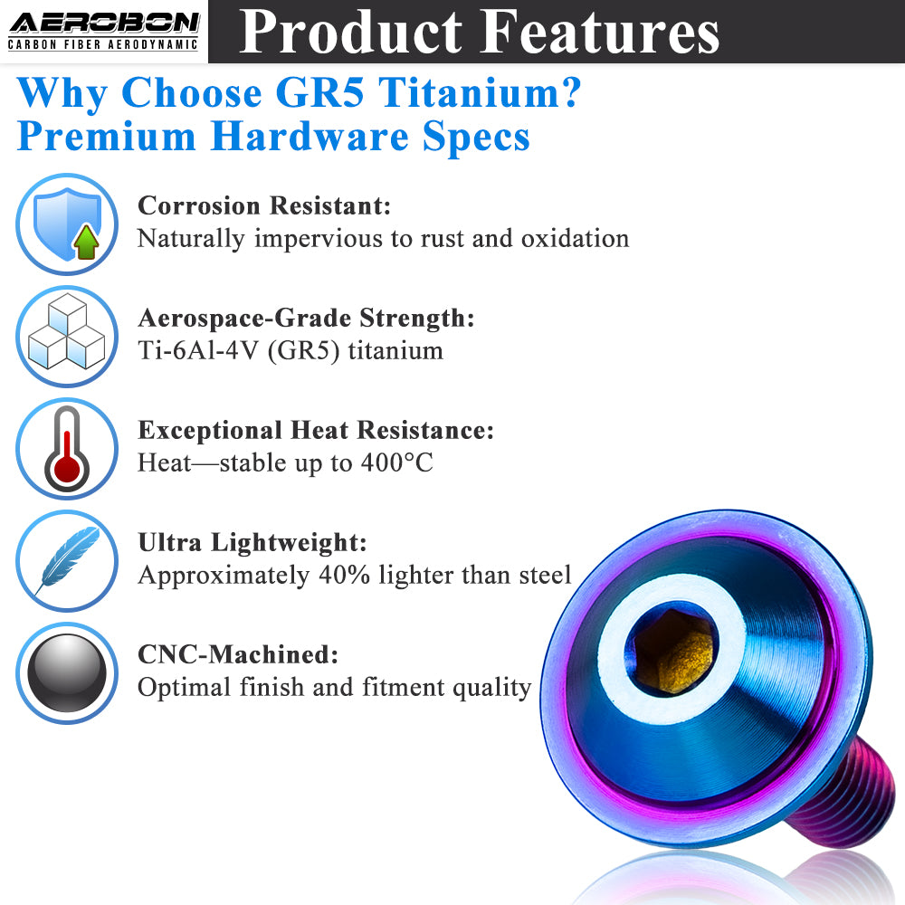 AeroBon GR5 Titanium Bolt Kit M6x20mm 18mm Head Burnt Blue - product display view