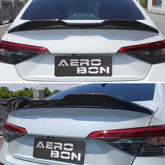 Two views of a car's rear with an Aerobon spoiler and license plate.