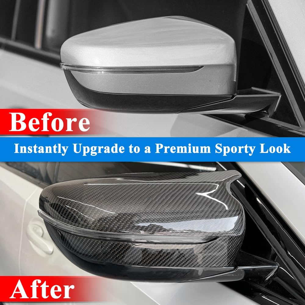 Car side mirror with 'Before' and 'After' comparison showing a premium sporty look upgrade.