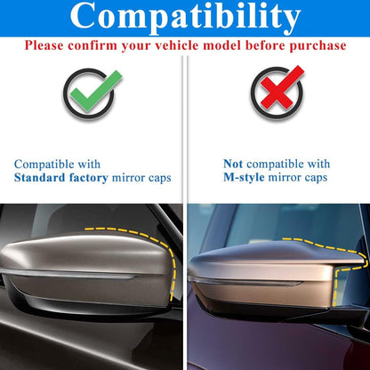 Compatibility chart for car mirror cover caps with standard factory and M-style mirror caps.