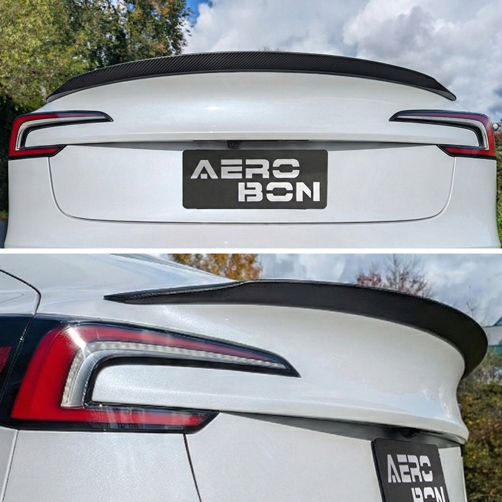 AeroBon CF Trunk Spoiler Tesla Model 3 Highland (2024-2025) - installed - rear view